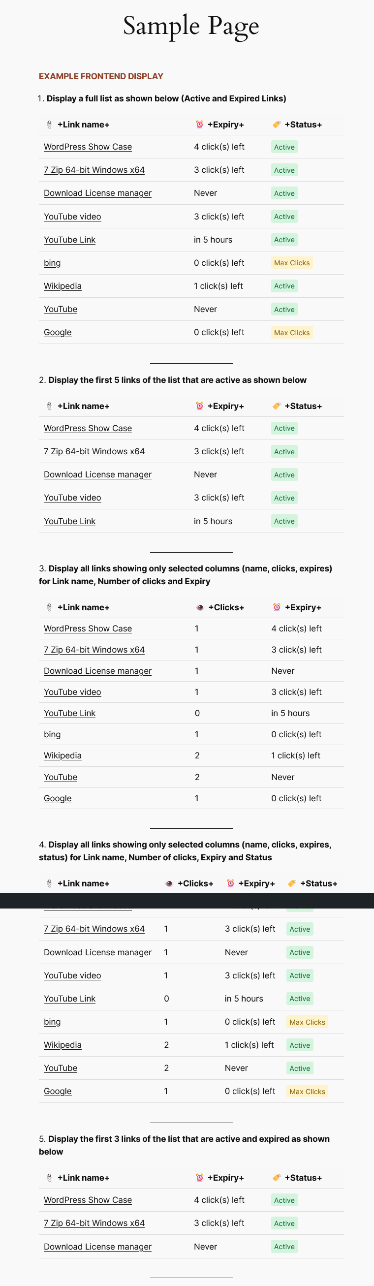 Example frontend display