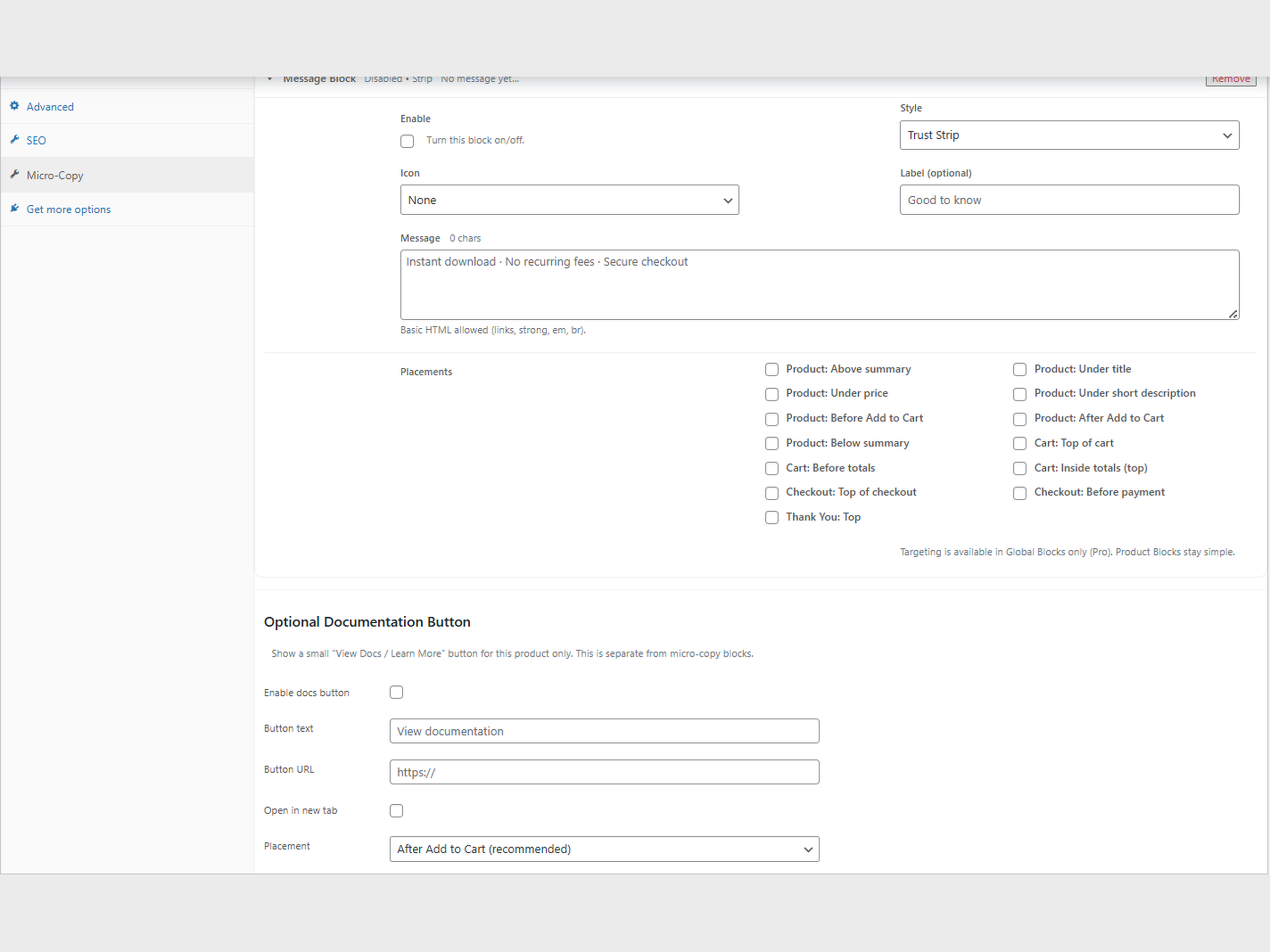 Example trust micro-copy under the product price