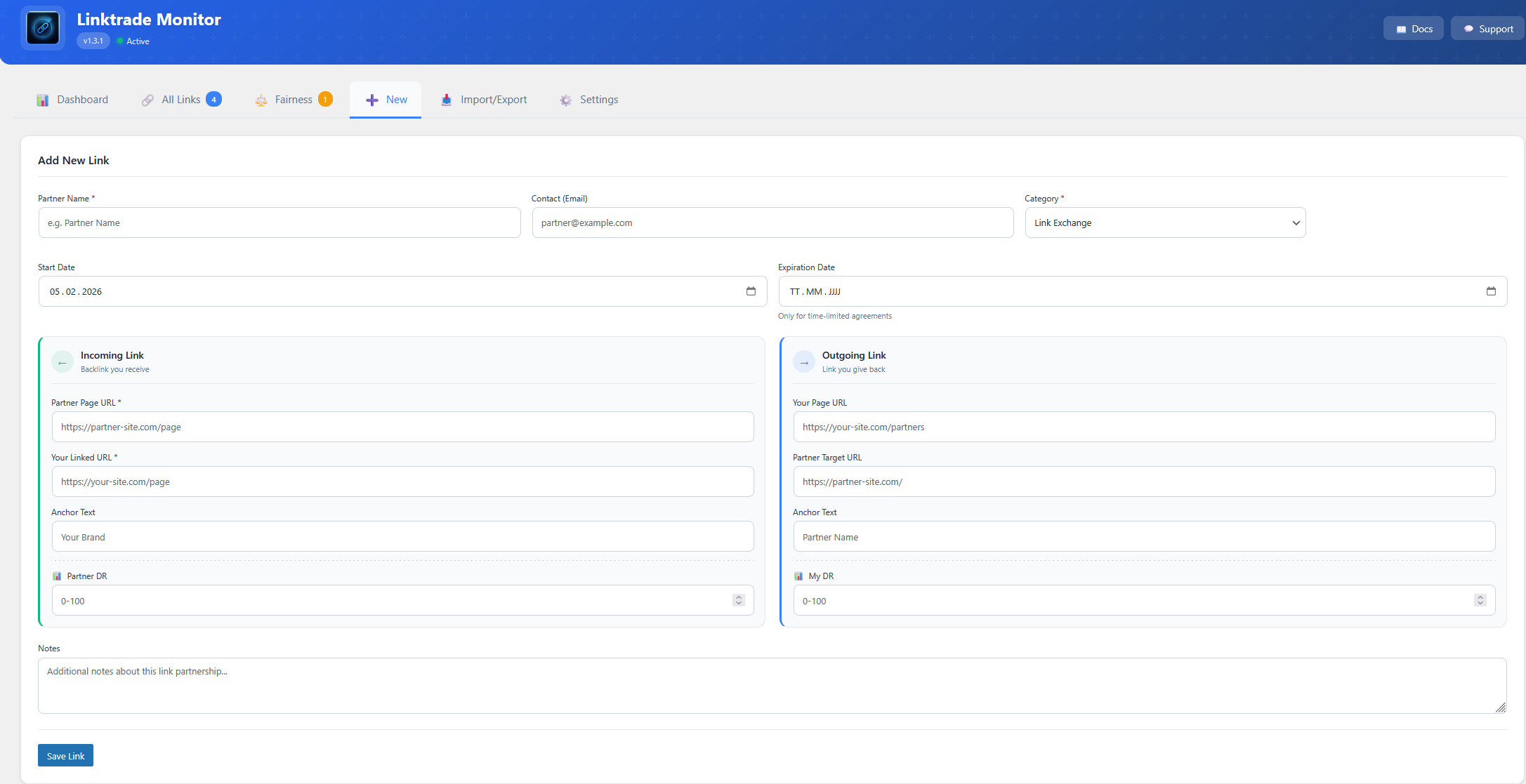Add New Link - Simple form to track new backlinks