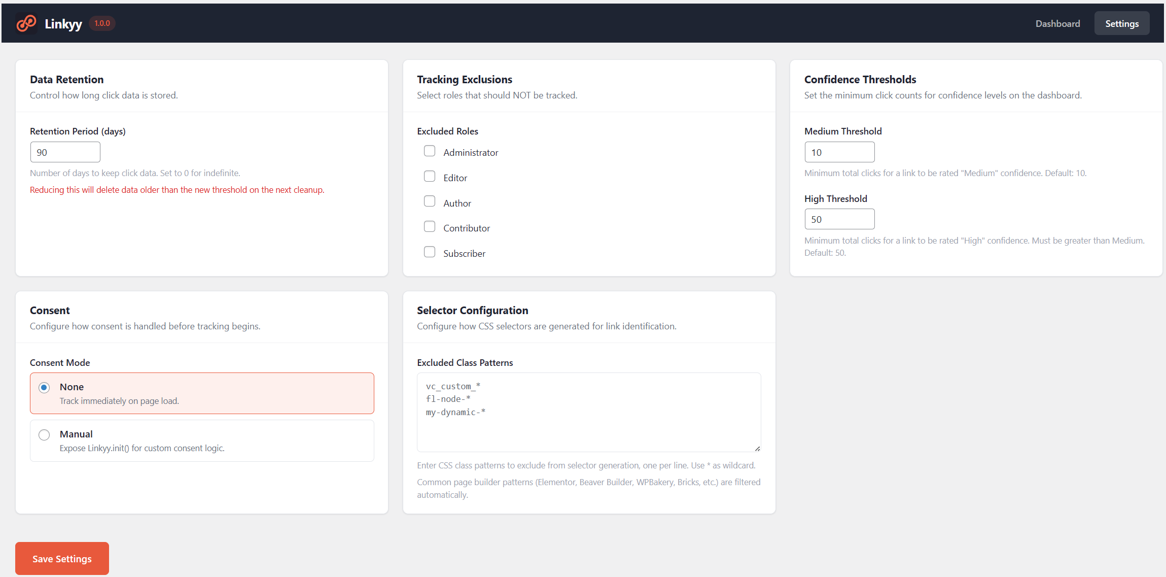 Settings page — configure data retention, role exclusions, consent mode, and confidence thresholds.