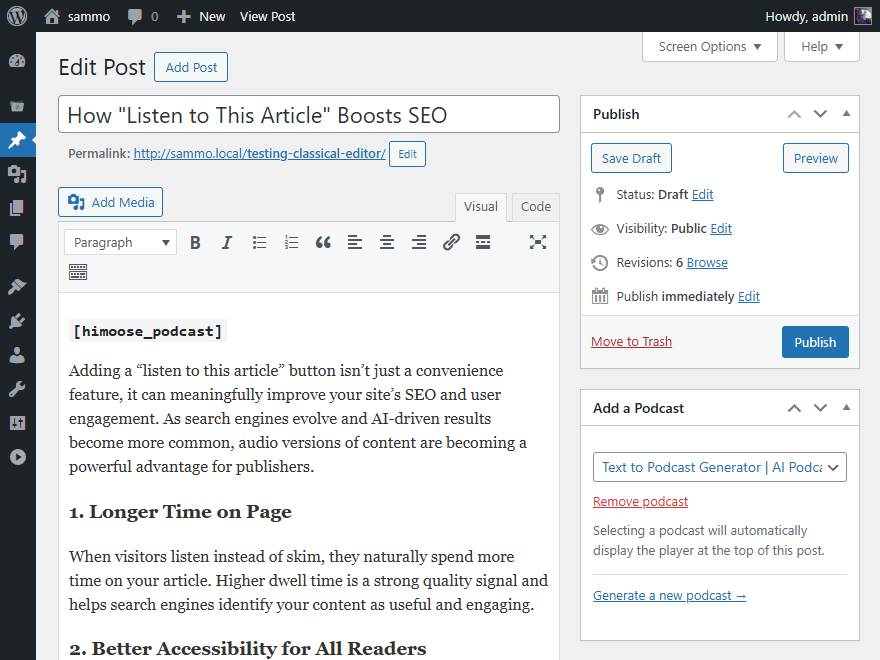 Selecting a generated podcast episode from the Classic Editor sidebar.
