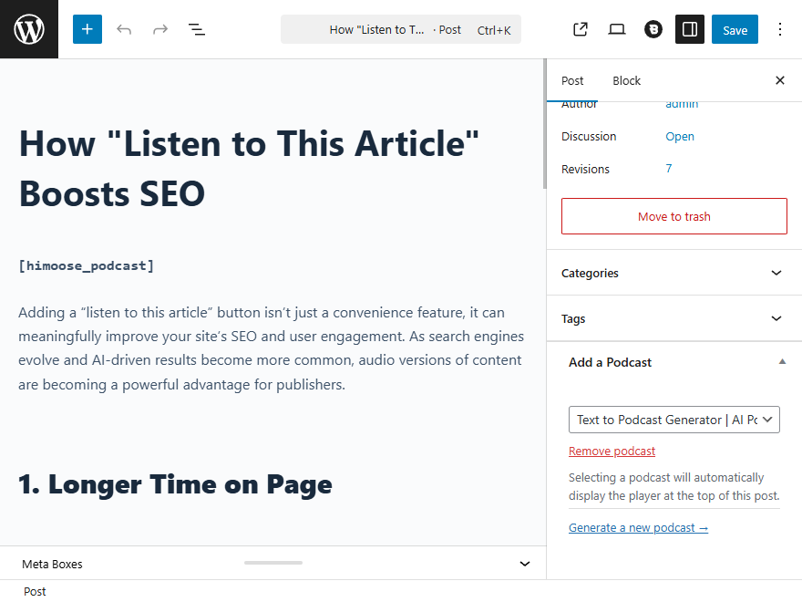 Selecting a generated podcast episode from the Block Editor sidebar.