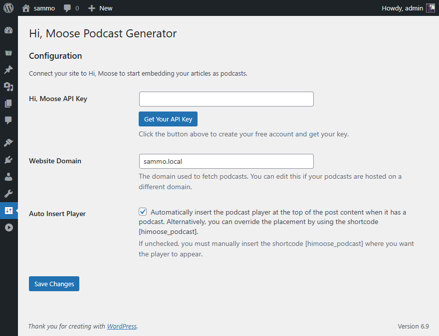 Plugin settings page for entering your Hi, Moose API key.