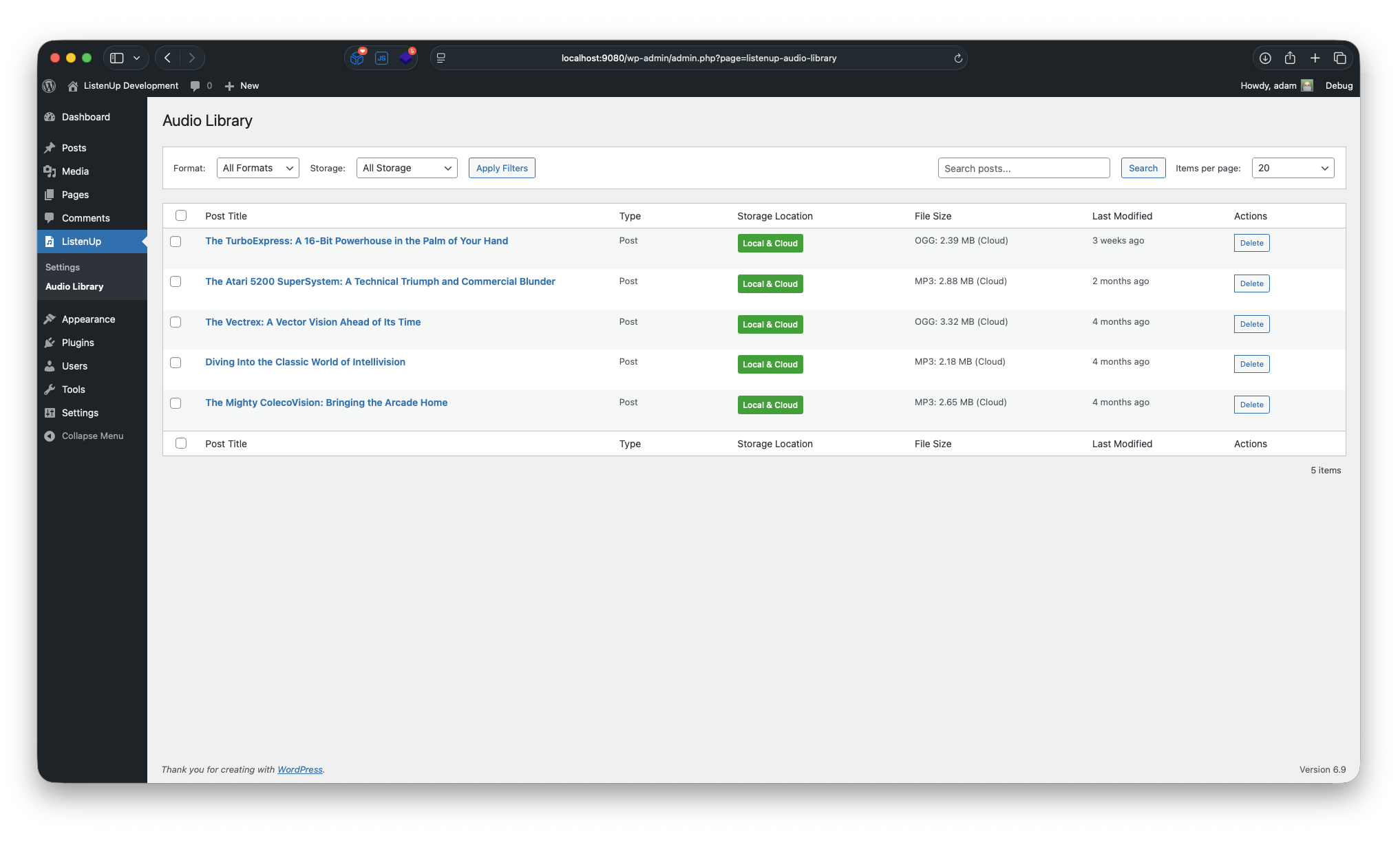 Quickly see which posts have audio, what type of audio and where the audio is stored