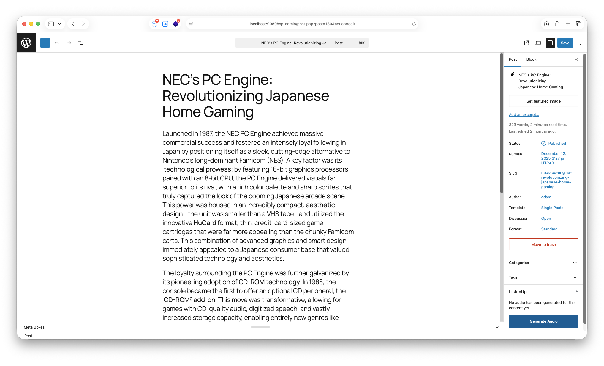 Generate audio from your post editor with a single click