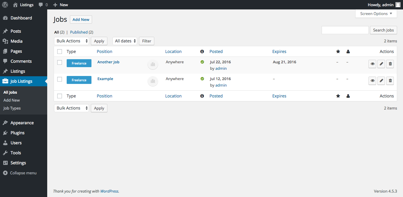 Edit Listings Jobs Page in Admin
