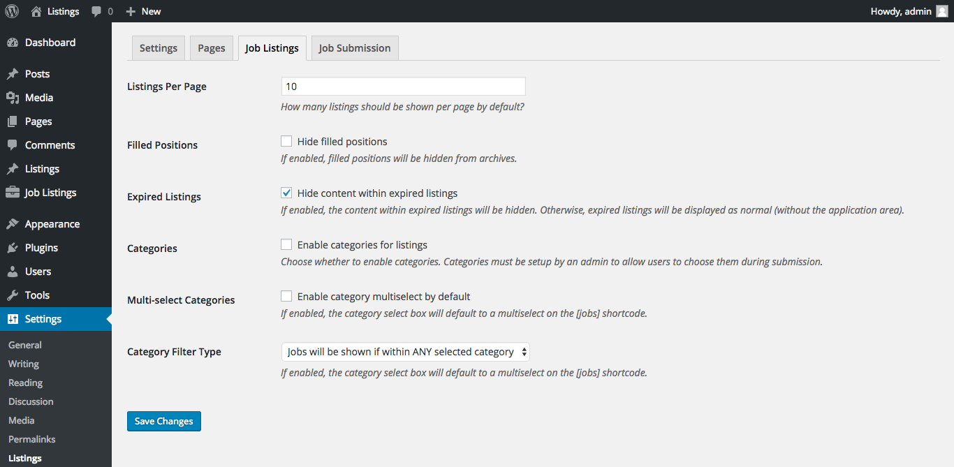 The Listings Jobs Settings Page