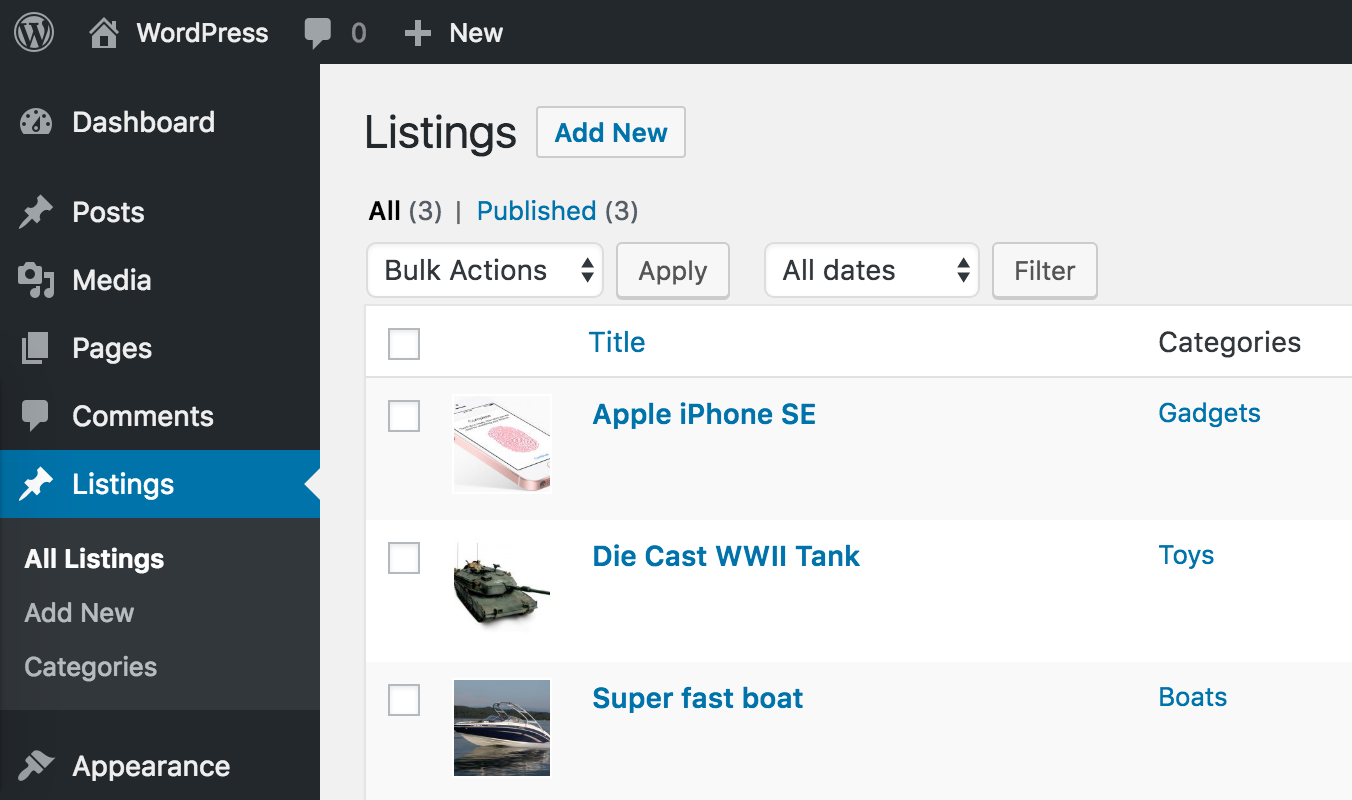 Edit Listings Page in Admin