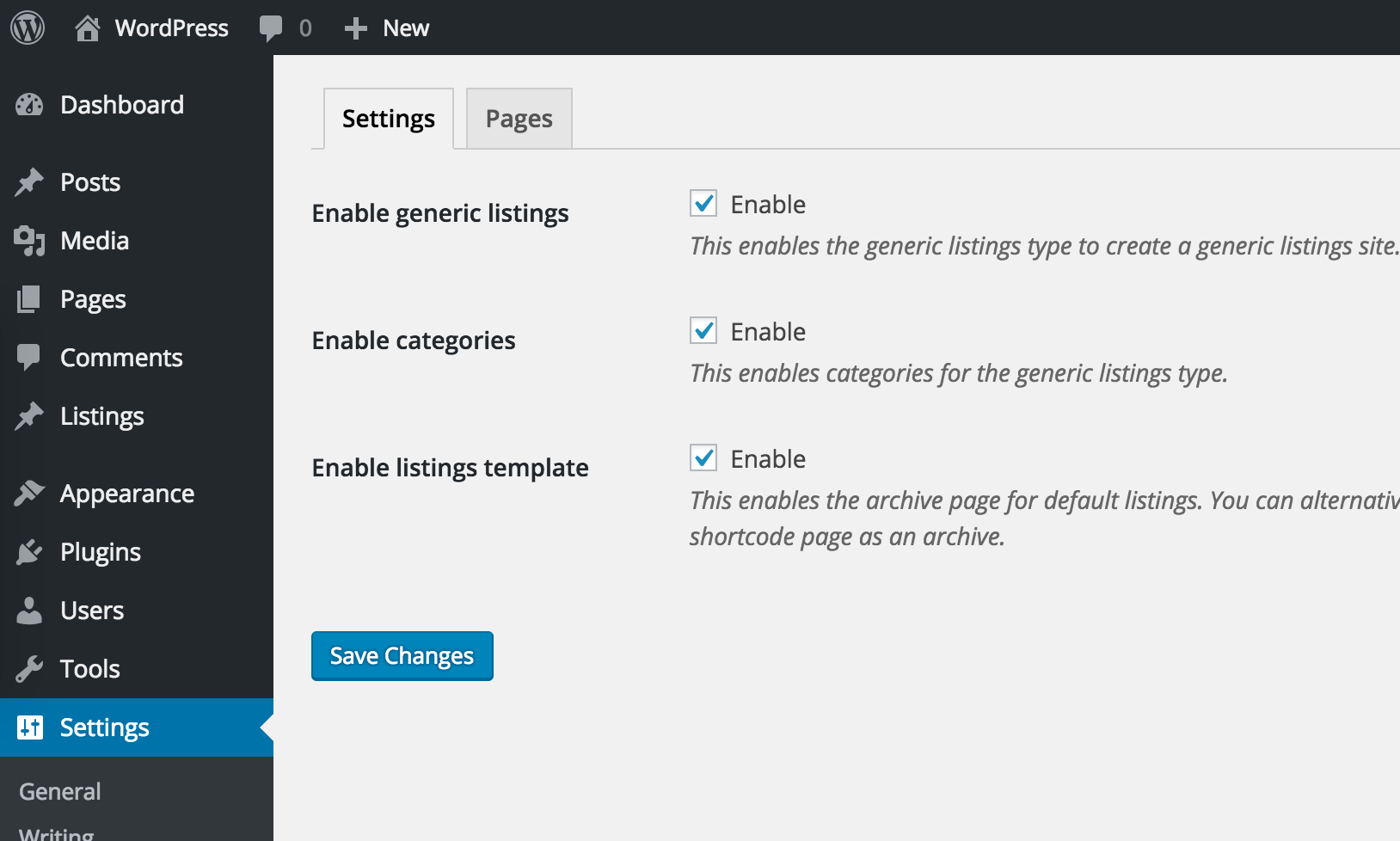 The Listings Settings Page