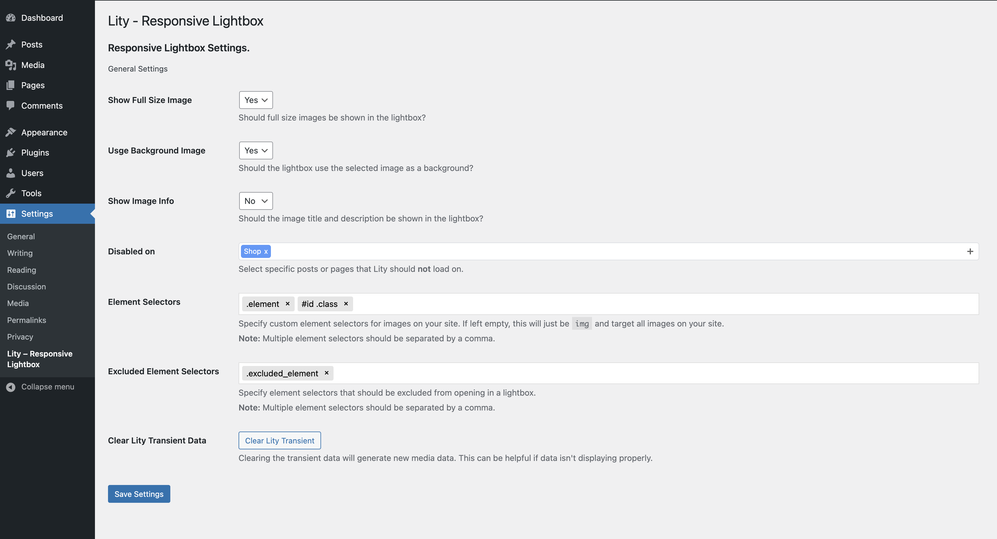 Lity settings page.