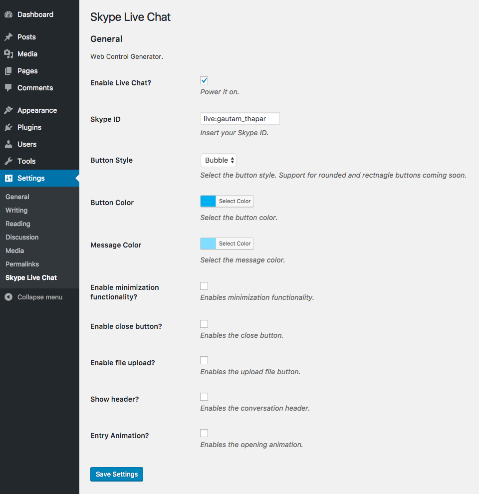 Settings page.