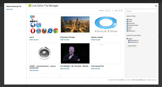 The file browser features folder-like collections and powerful metadata search