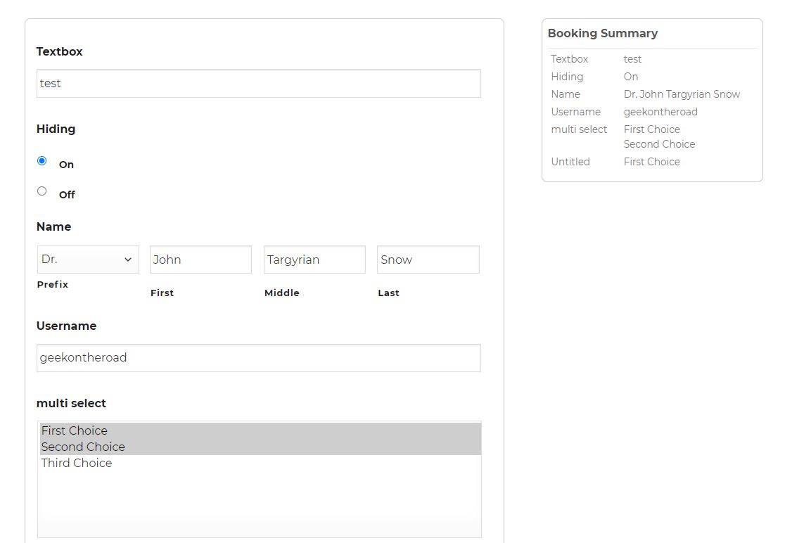 Summary is filled while making selections in the form.