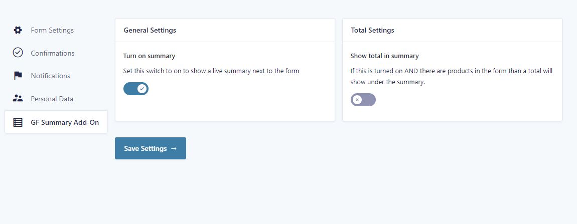 Plugin settings page. Here you can turn the summary on or off.