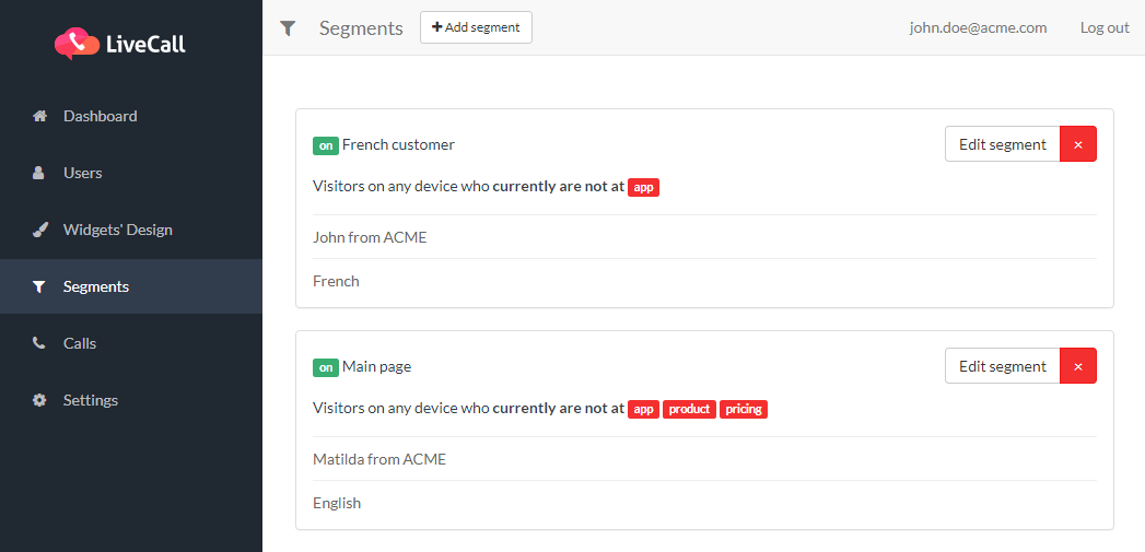 LiveCall segmentation options
