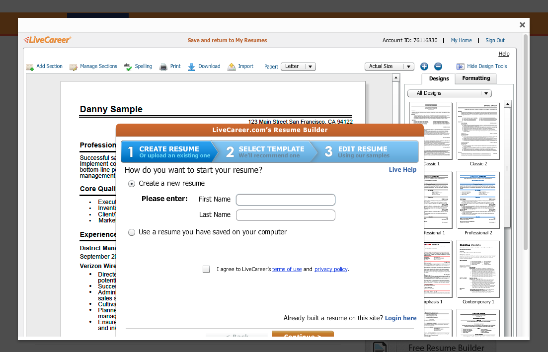 Example of the Resume Builder, which opens in a modal ("thickbox") window via the link produced using the livecareer_affiliate_link shortcode