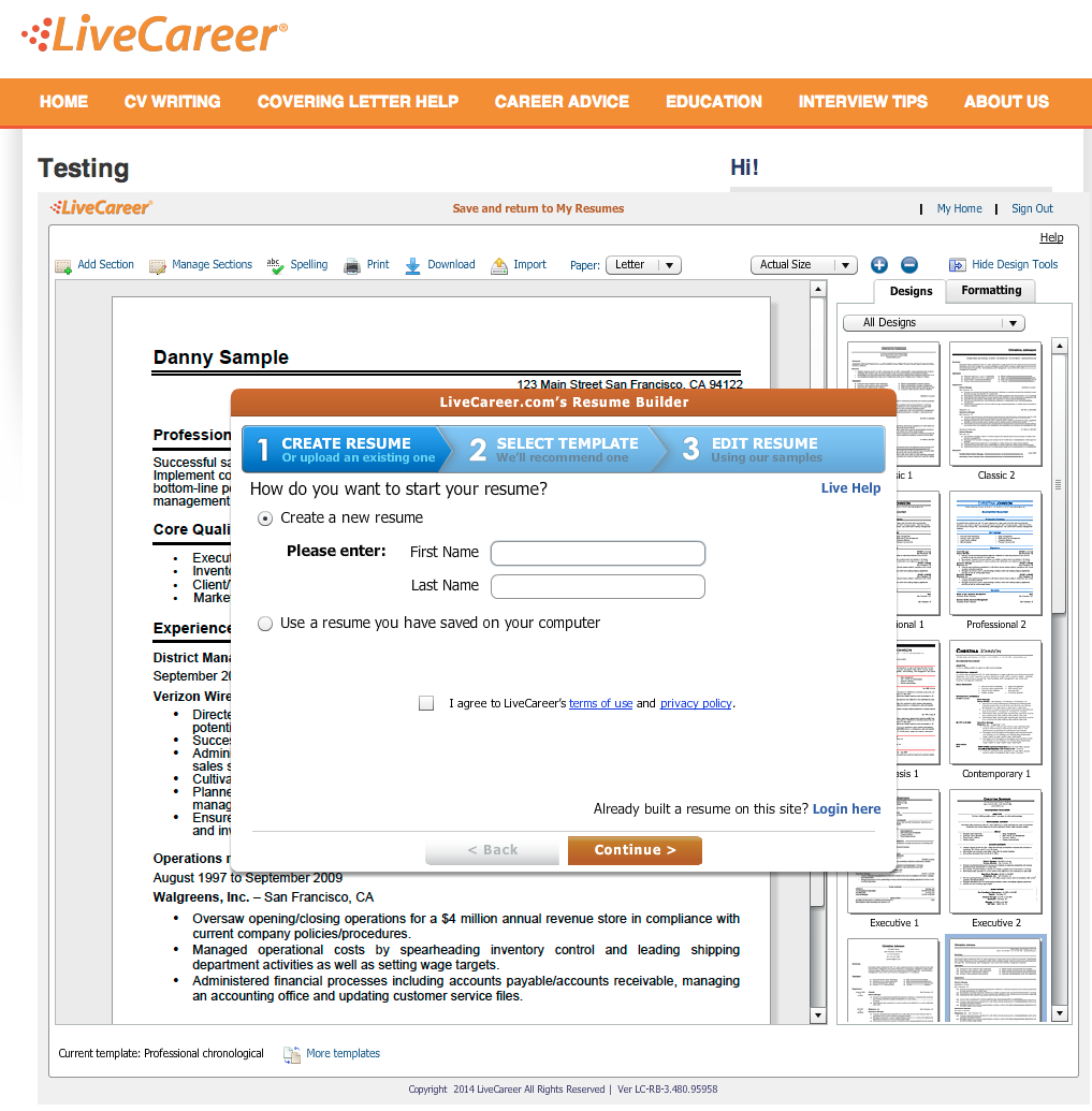 Example of the full-page Resume Builder