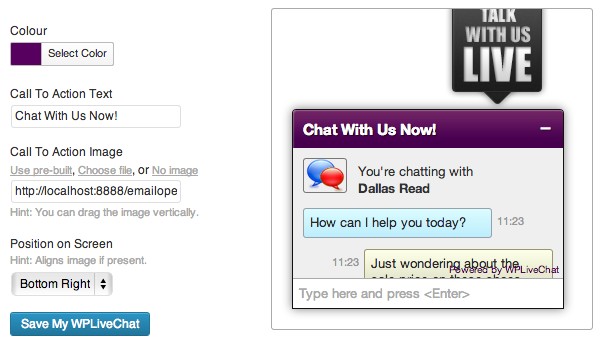 Customize your chatbox with your brand's colours, and upload your own Call To Action images.