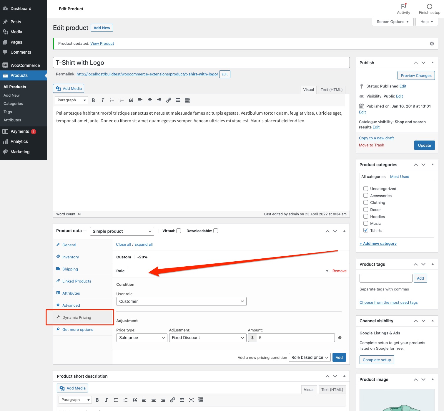 The product edit window with a role based pricing rules