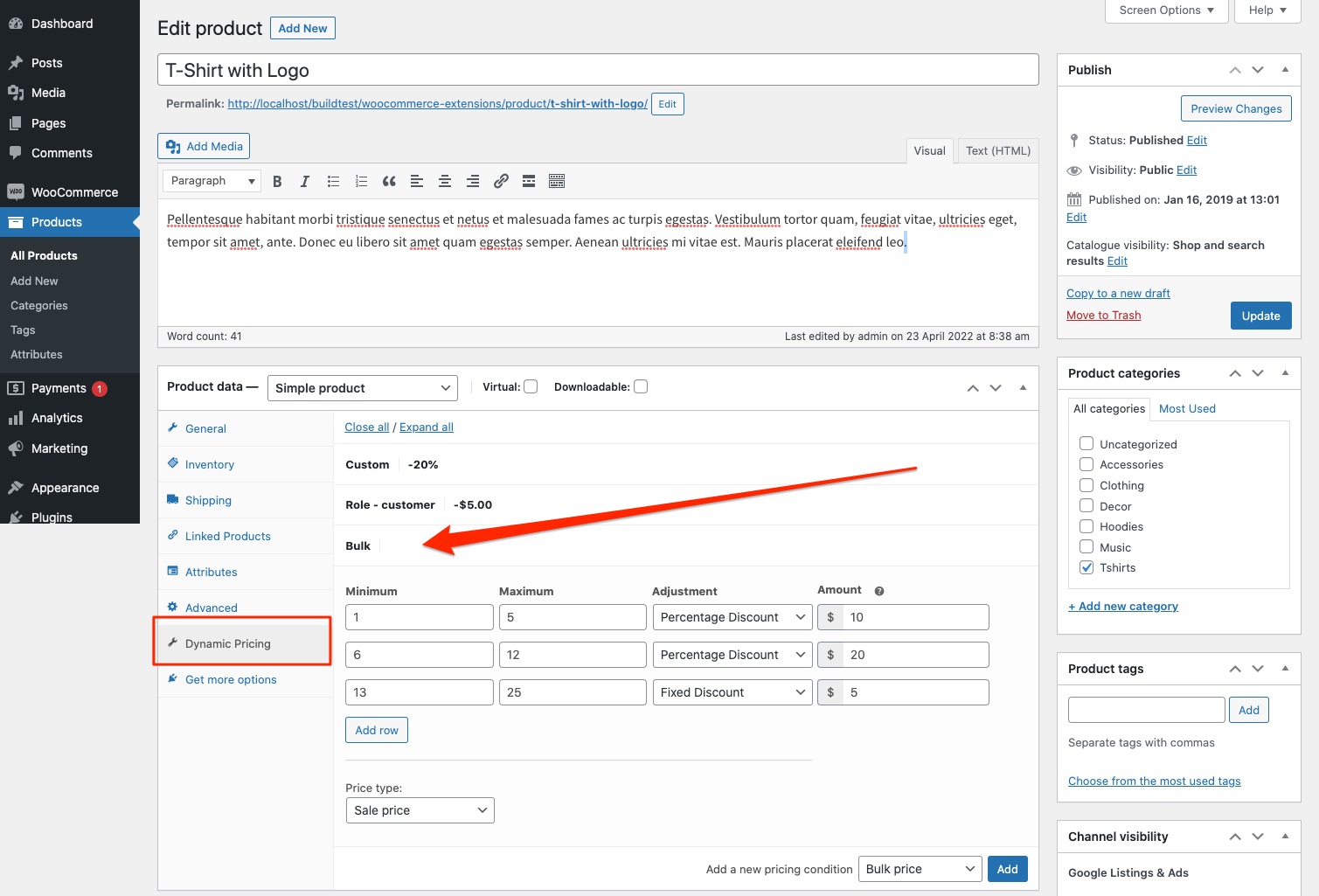 The product edit window with a bulk pricing