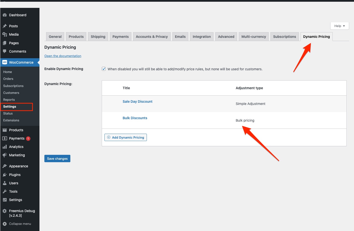 The Pricing tab of WooCommerce Settings with pricing rules table