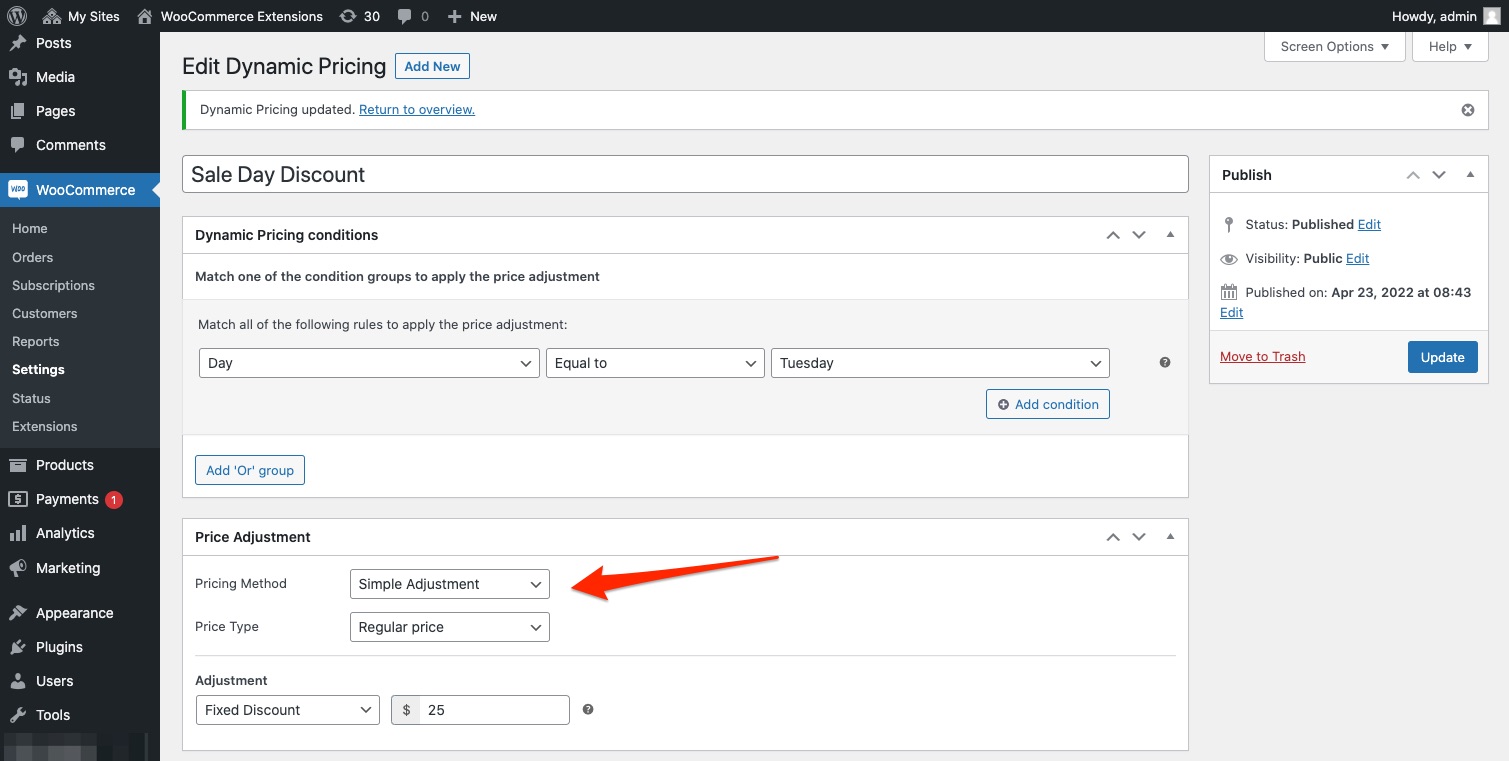 The UI to help create rules for simple pricing adjustment