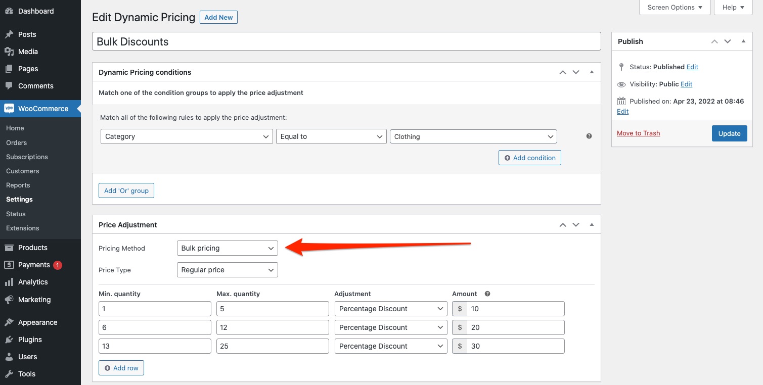 The UI with bulk pricing for products that match the condition set