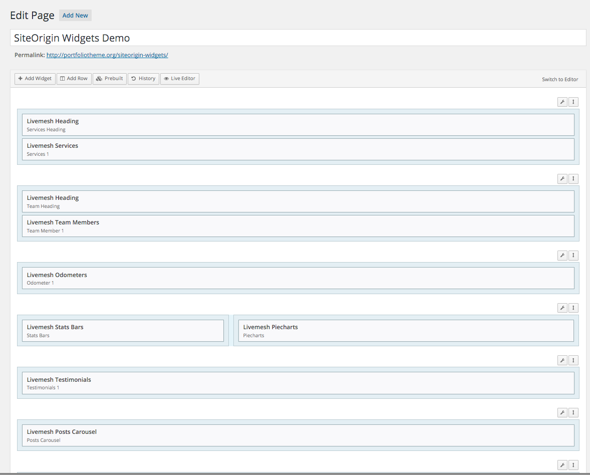 Livemesh SiteOrigin Widgets in action in SiteOrigin Page Builder tab of Page Edit window.