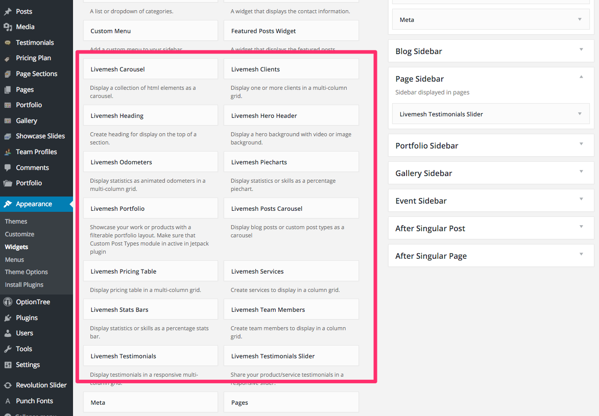 Livemesh SiteOrigin widgets in the Appearance > Widgets page.
