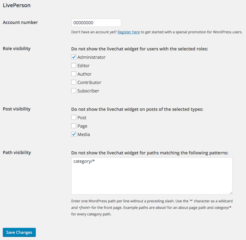 LivePerson WordPress plugin settings