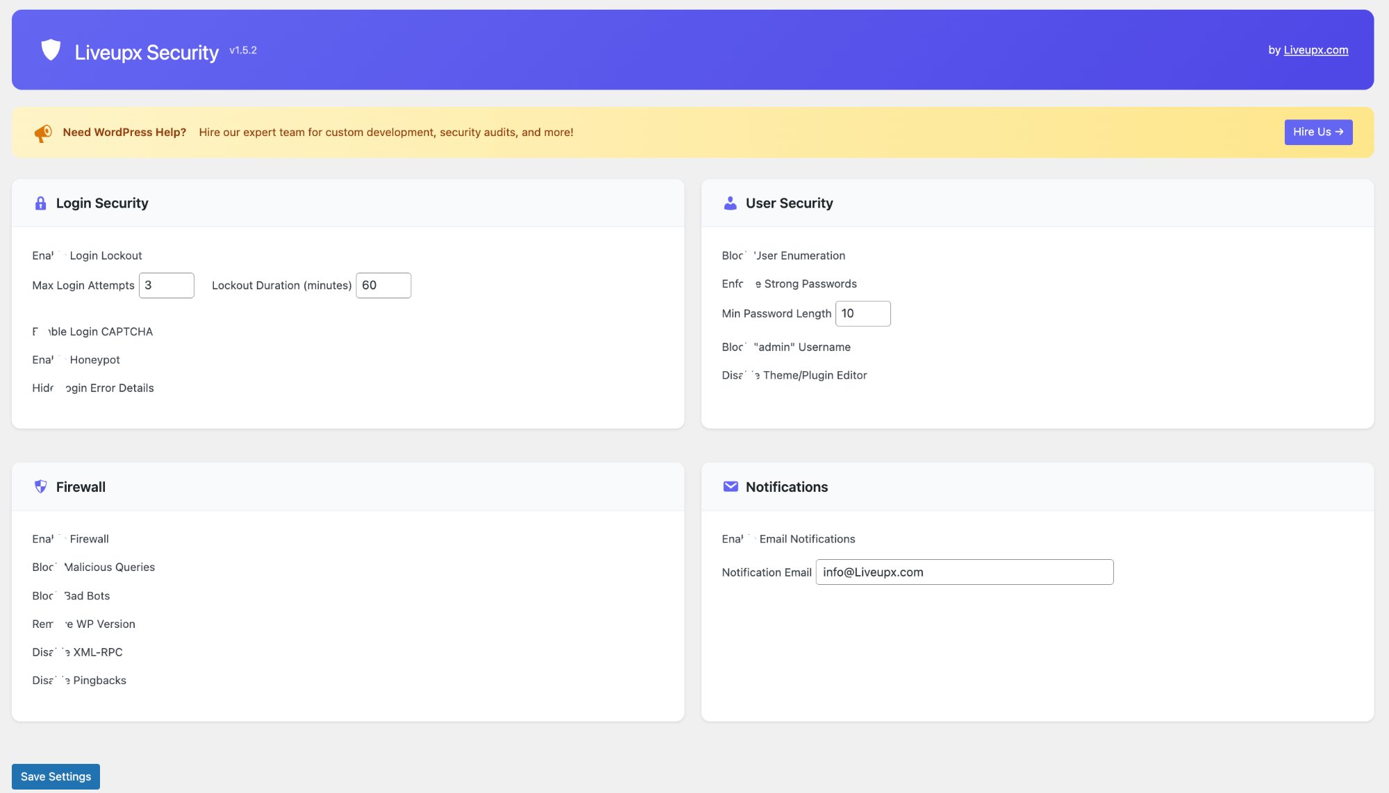 Settings Page - Configure all security features from one central location
