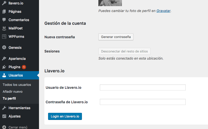 Tan solo necesitas poner tus datos de Llavero.io para configurar tu cuenta en WordPress