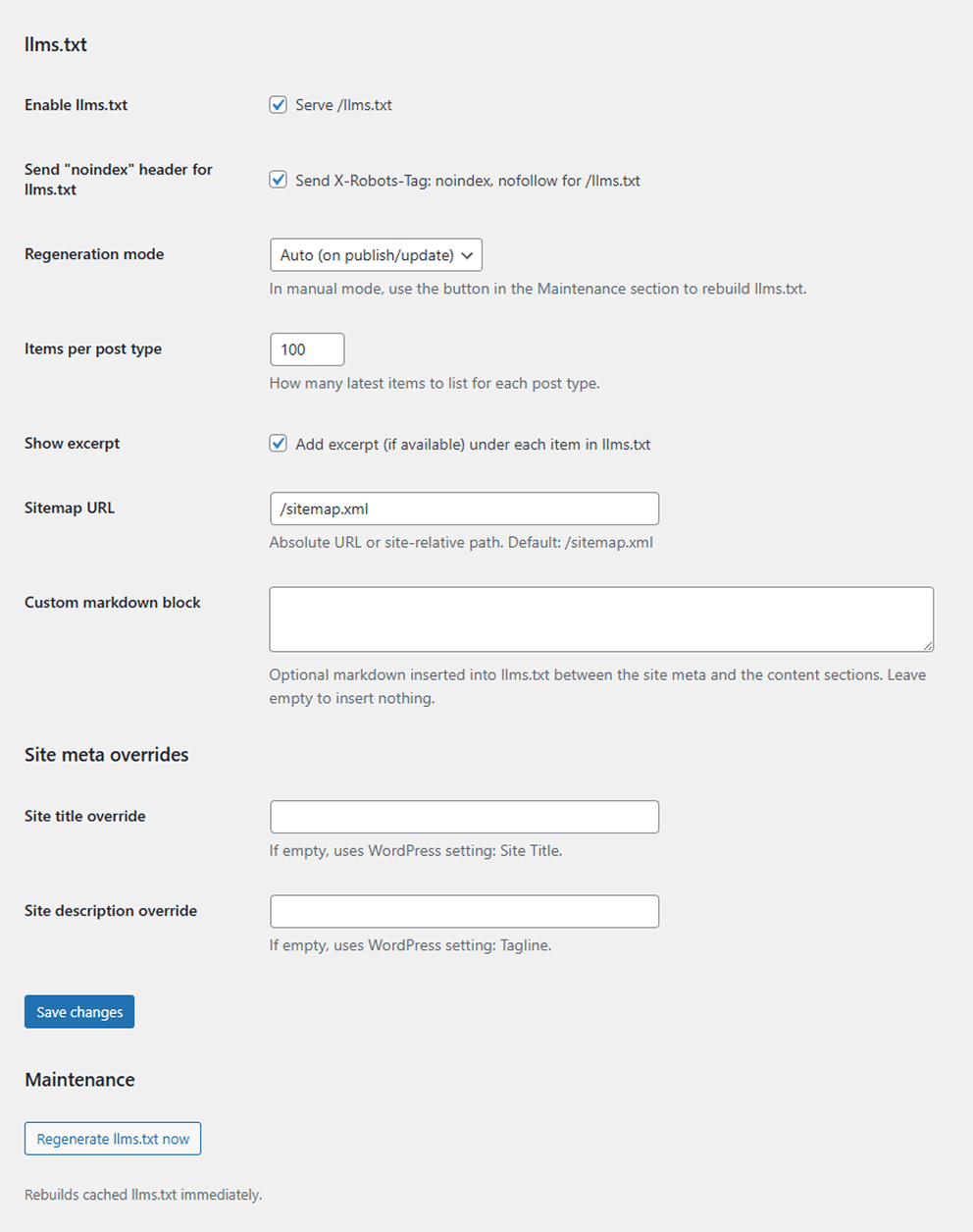 Settings page (llms.txt, Site Meta overrides, Maintenance)