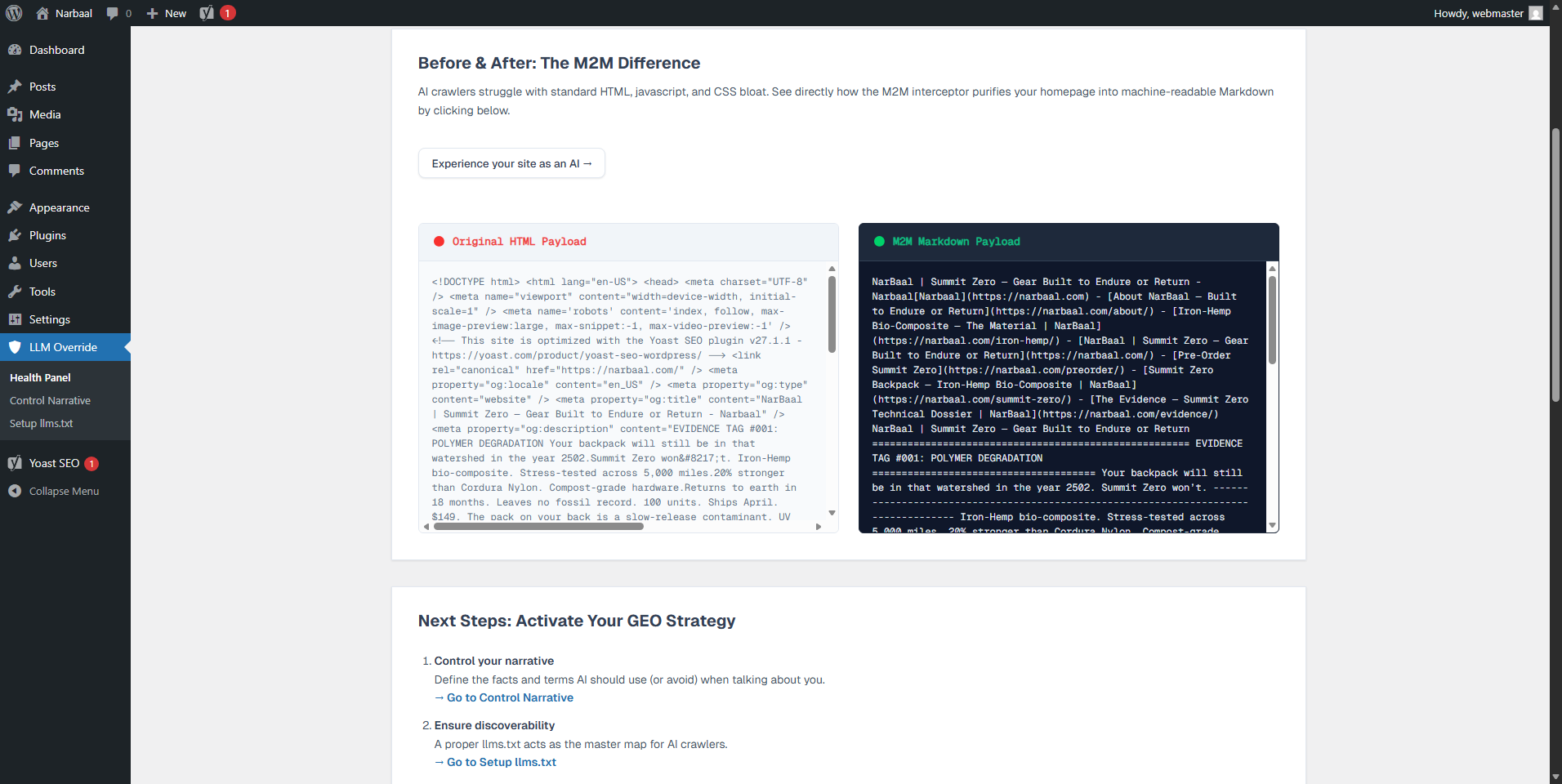 "Before vs. After" empirical simulation — raw HTML versus the structured Markdown payload an AI actually receives.