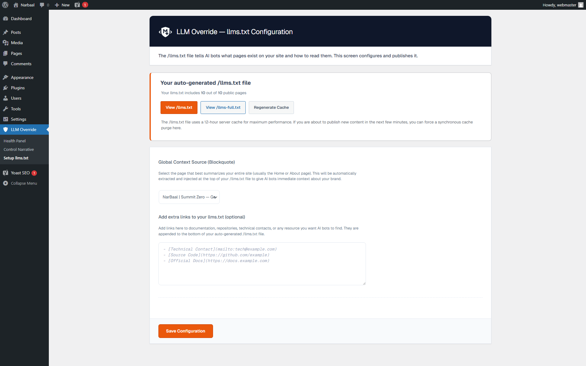 llms.txt Config page — AJAX regeneration, real-time inclusion/exclusion stats, endpoint preview.