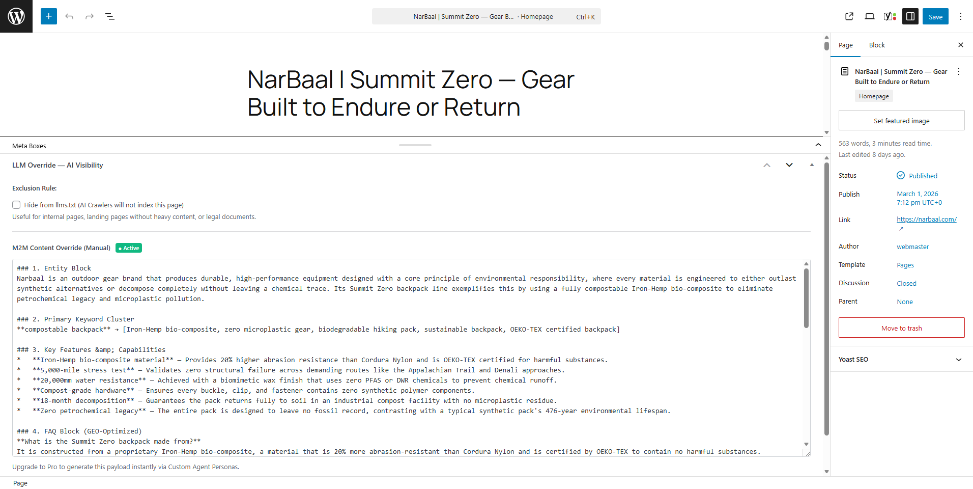 Per-post native WordPress Metabox — exclude from AI manifests or manually override the M2M payload.
