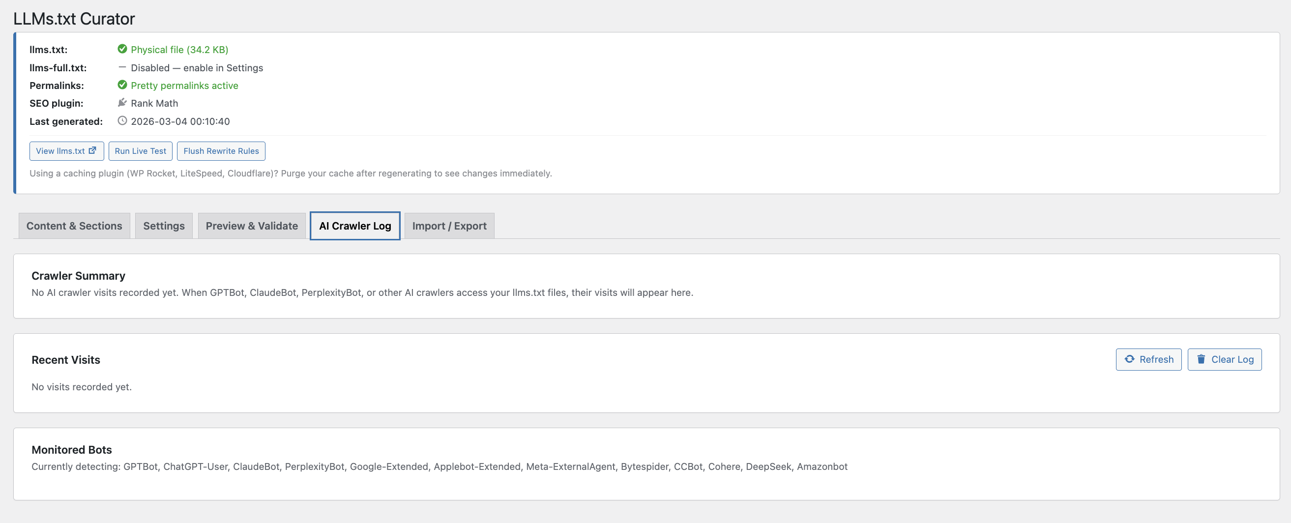 Preview & Validate -- live llms.txt output with Quality Score footer