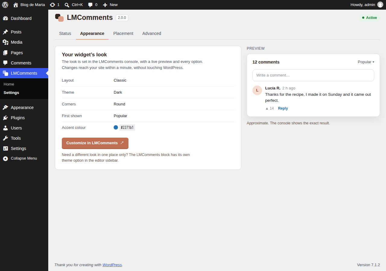 Appearance: your widget's look, set in the LMComments console.