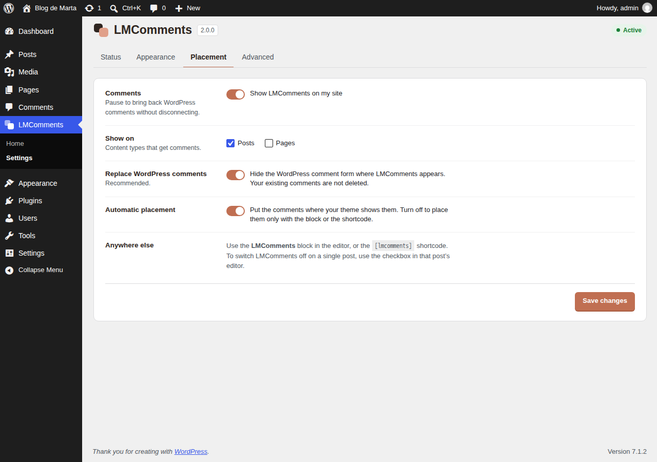 Settings: where the comments appear.