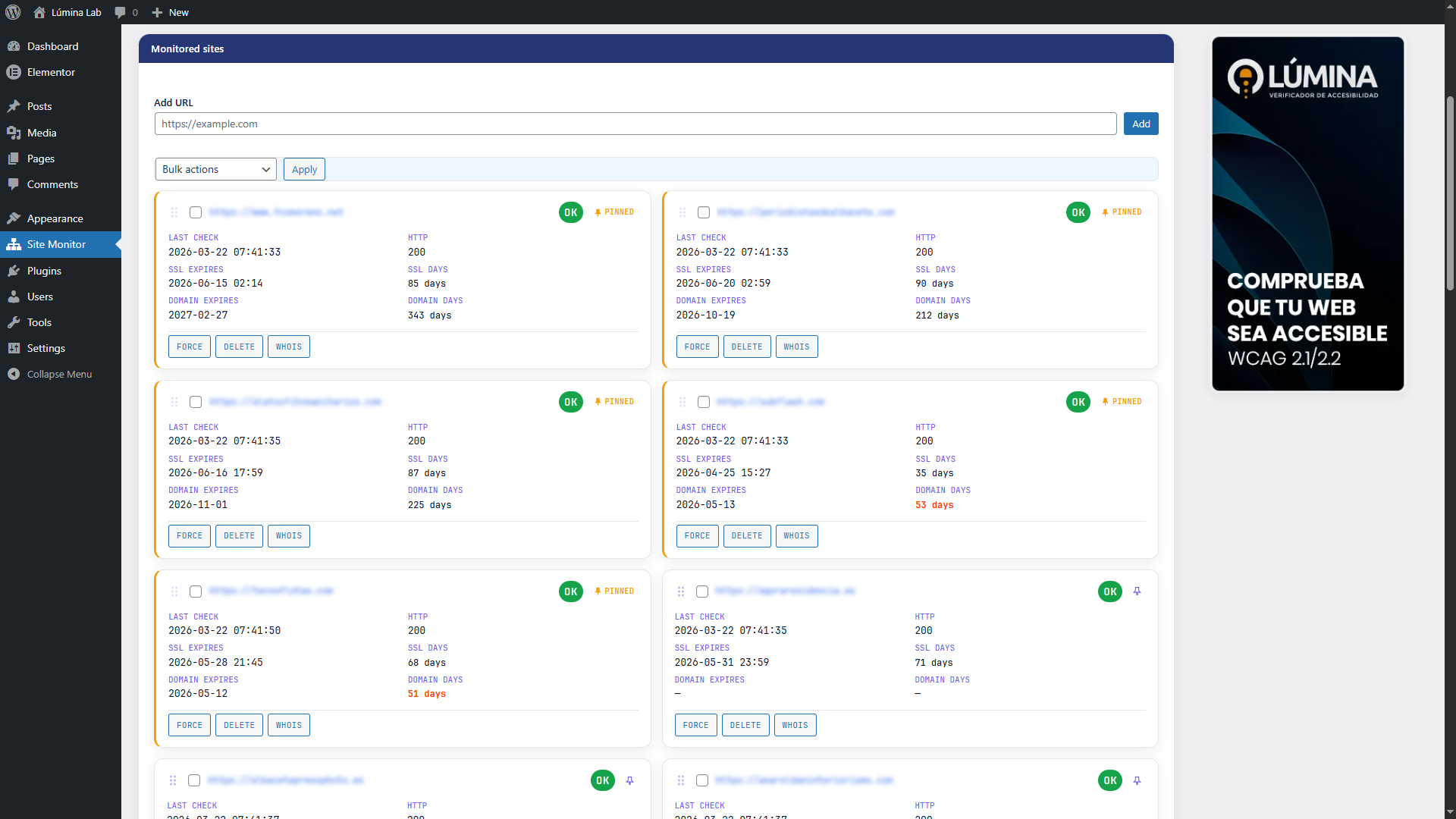 Controls for exporting backups of monitored sites.