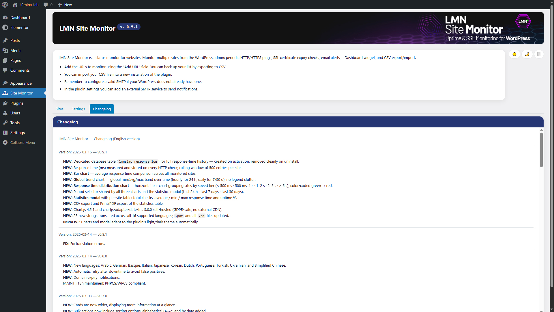 Dashboard with monitored sites in dark mode.