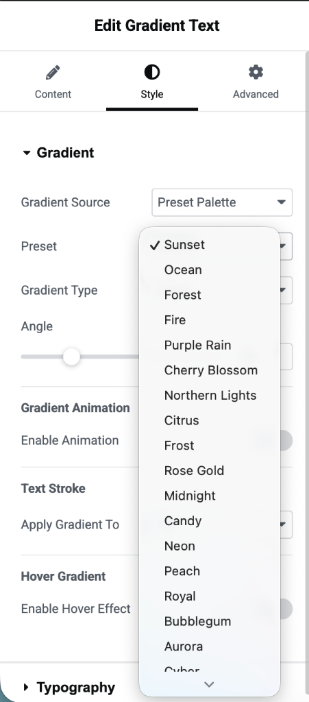 20+ curated gradient presets dropdown — Sunset, Ocean, Forest, Neon, Cyber, and more