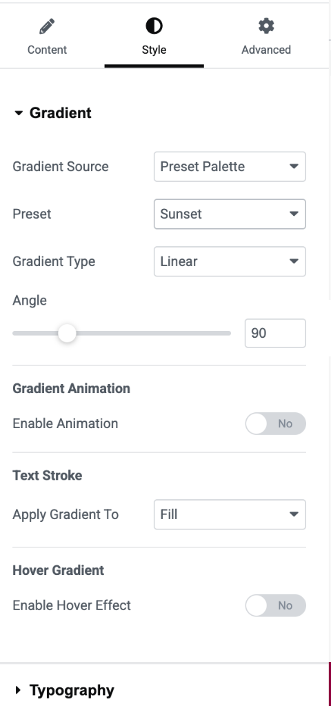 Preset Palette mode with gradient type, angle, animation, text stroke, and hover controls