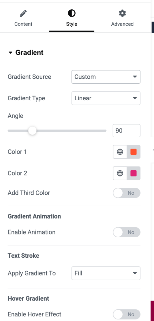 Custom gradient mode with color pickers, third color stop, and full gradient controls