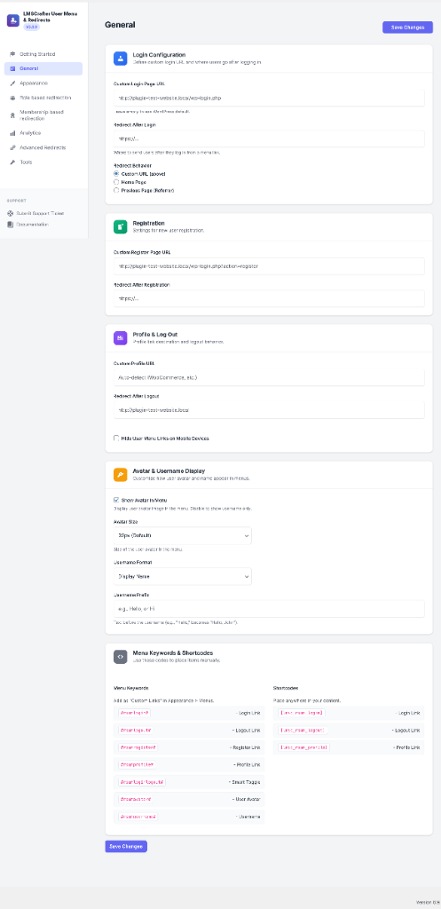 General Settings - login configuration, registration URLs, profile/logout options, avatar display, and menu keywords & shortcodes reference
