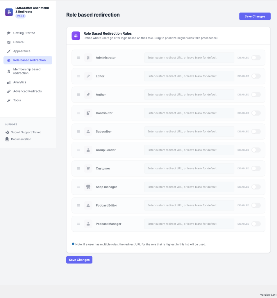 Role Based Redirection - define where users go after login based on their role with drag-to-prioritize ordering