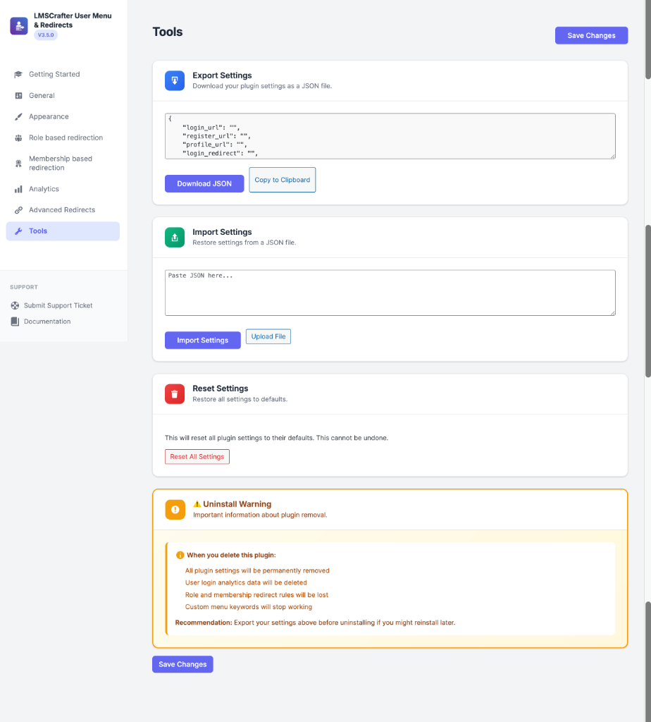 Tools - export/import settings as JSON, reset all options, and uninstall cleanup warning
