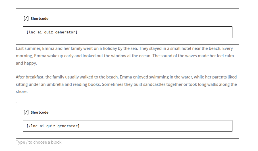 Content editor showing [lnc_ai_quiz_generator] shortcode usage