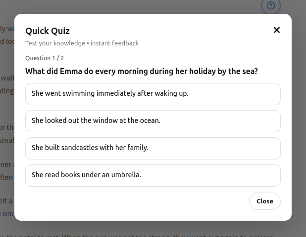 Interactive quiz modal showing question and multiple choice options