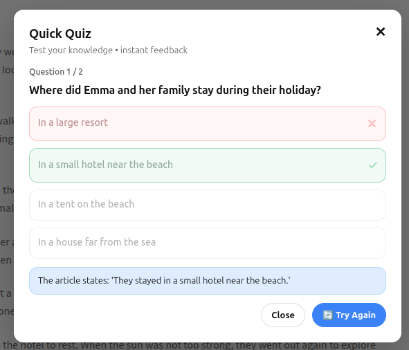 Quiz results with correct answer highlighted and explanation shown